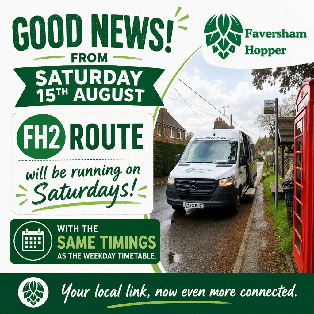 Faversham Hopper FH2 route to run on Saturdays from 15th August 2026.  The timings are the same as the weekday timetable.
